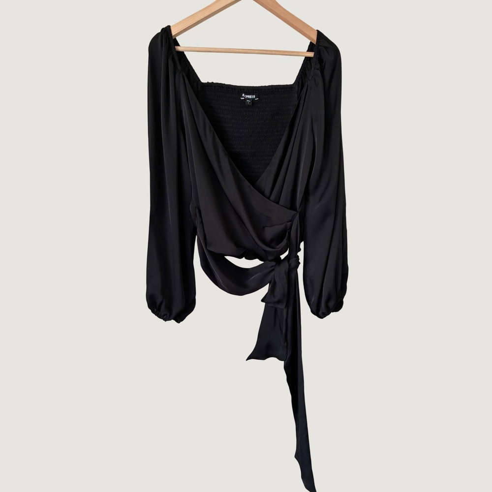Express Black Satin Wrap Top Long Sleeve Smocked Back Side Tie Blouse Womens L
